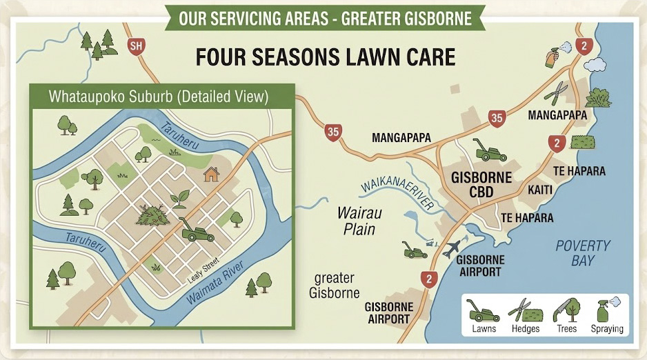 Map of Four Seasons Lawn Care's servicing areas across greater Gisborne and Whataupoko